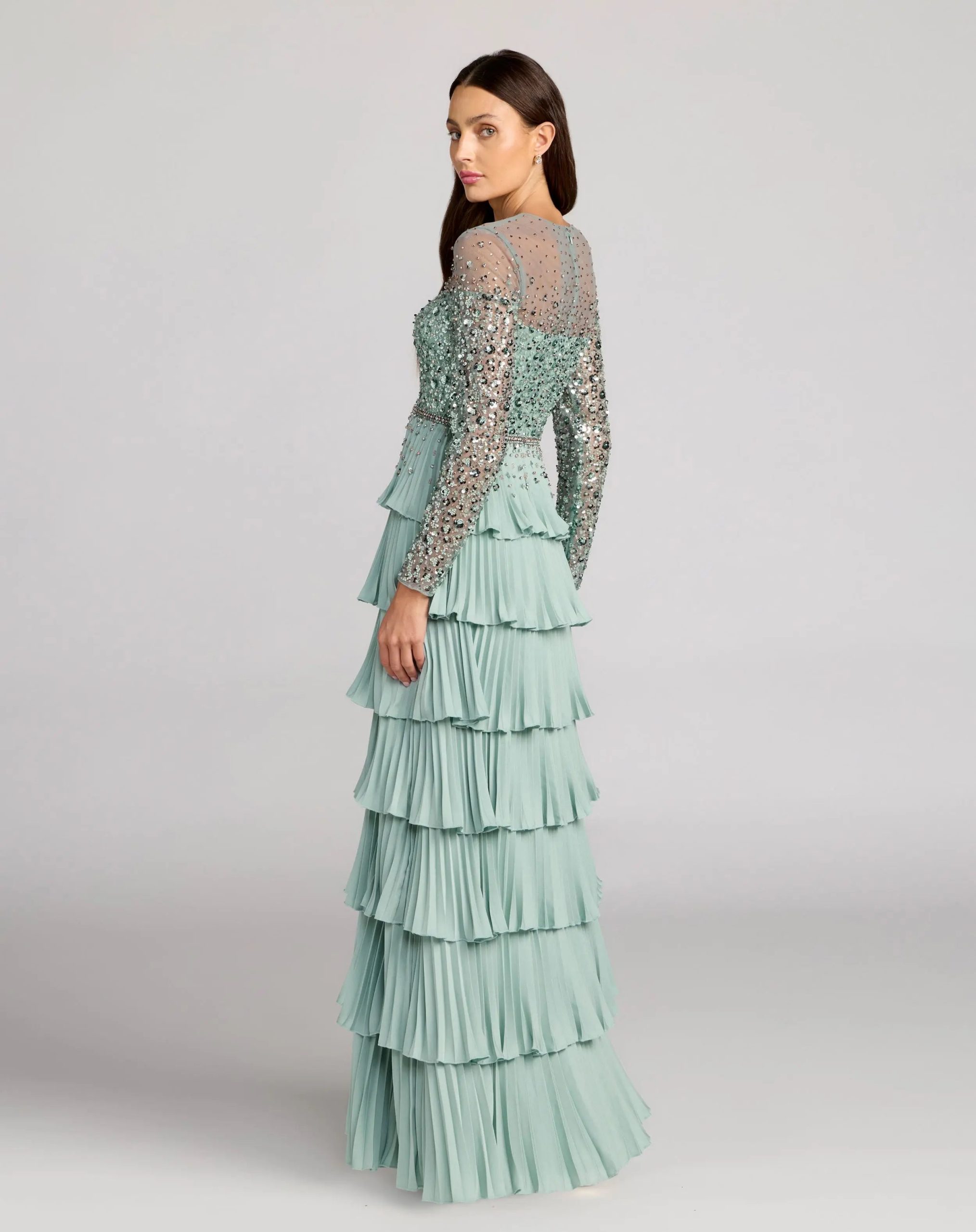 Green Embellished Illusion Long Sleeve Ruffle Gown - Image 4