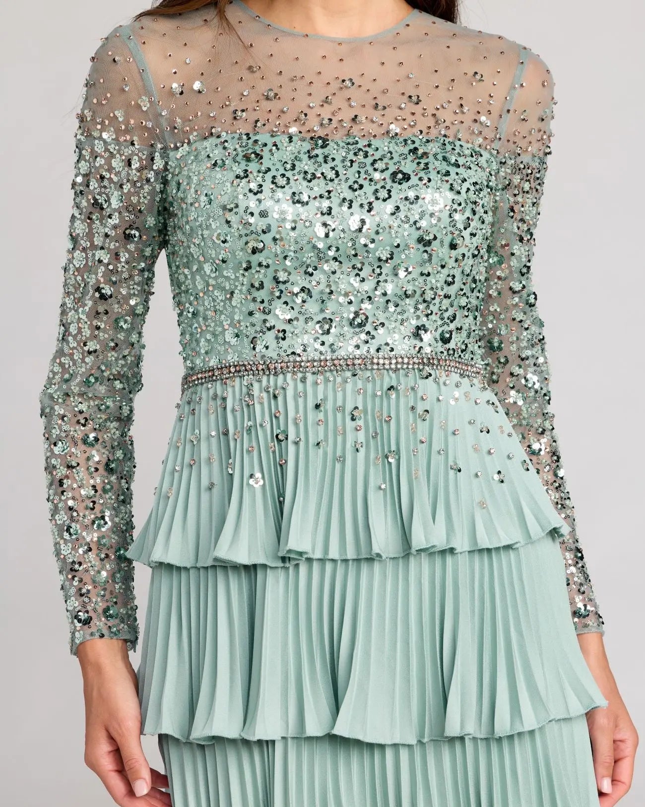 Green Embellished Illusion Long Sleeve Ruffle Gown - Image 3
