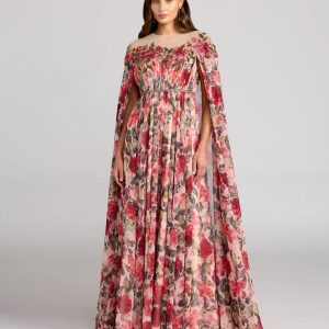 Multicolor Floral Printed Chiffon High Neck Cape Gown