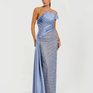 Blue Beaded Lace Column Gown with Satin Sash