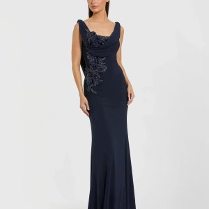 Navy Sleeveless Jersey Cowl Neck Gown With Beading