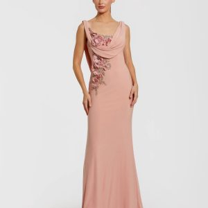 Pink Sleeveless Jersey Cowl Neck Gown With Beading