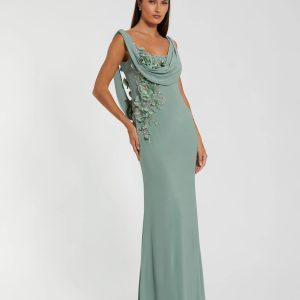 Green Sleeveless Jersey Cowl Neck Gown With Beading