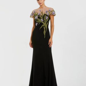 Black High Neck Floral Embroidered Jersey Gown