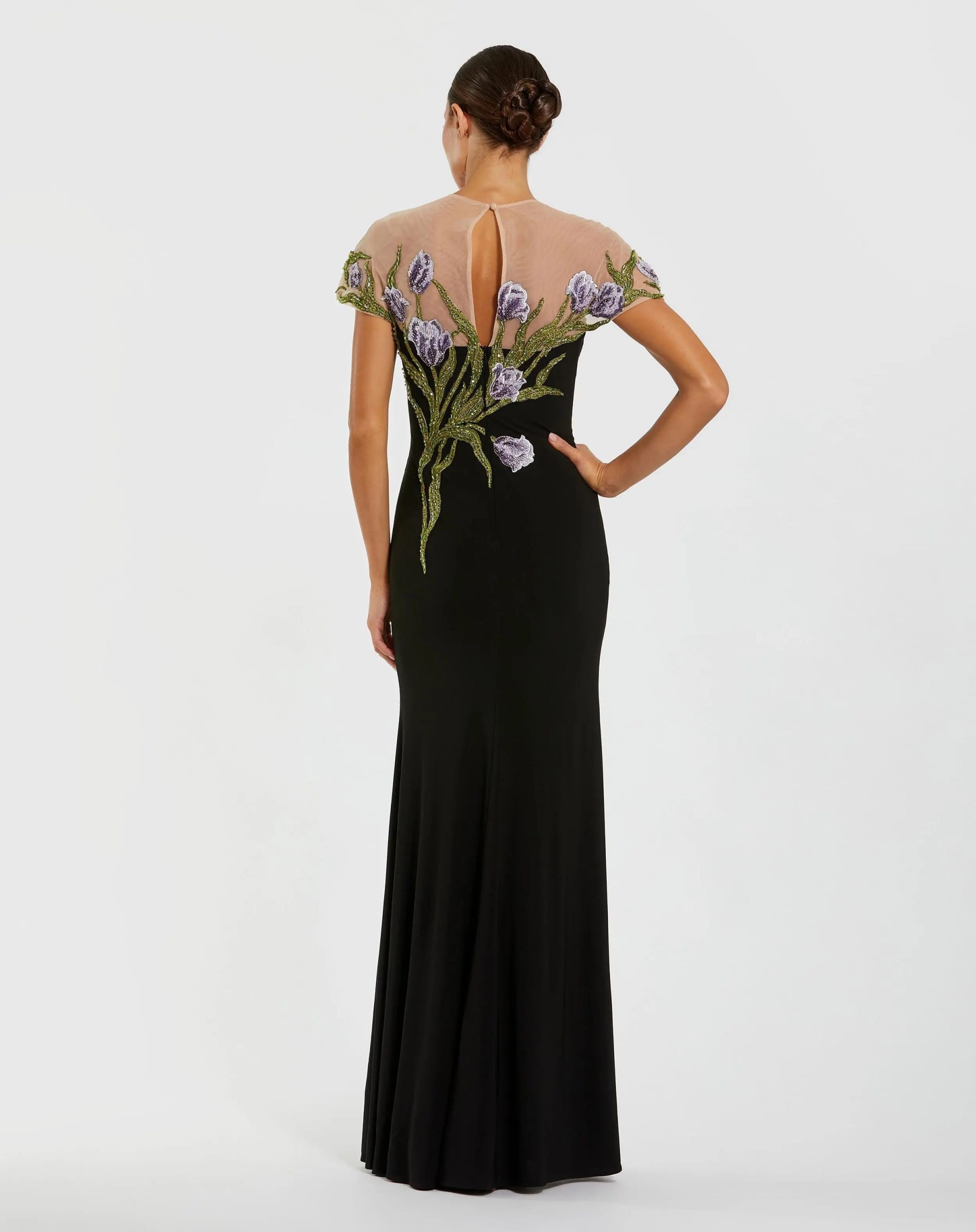 Black High Neck Floral Embroidered Jersey Gown - Image 3