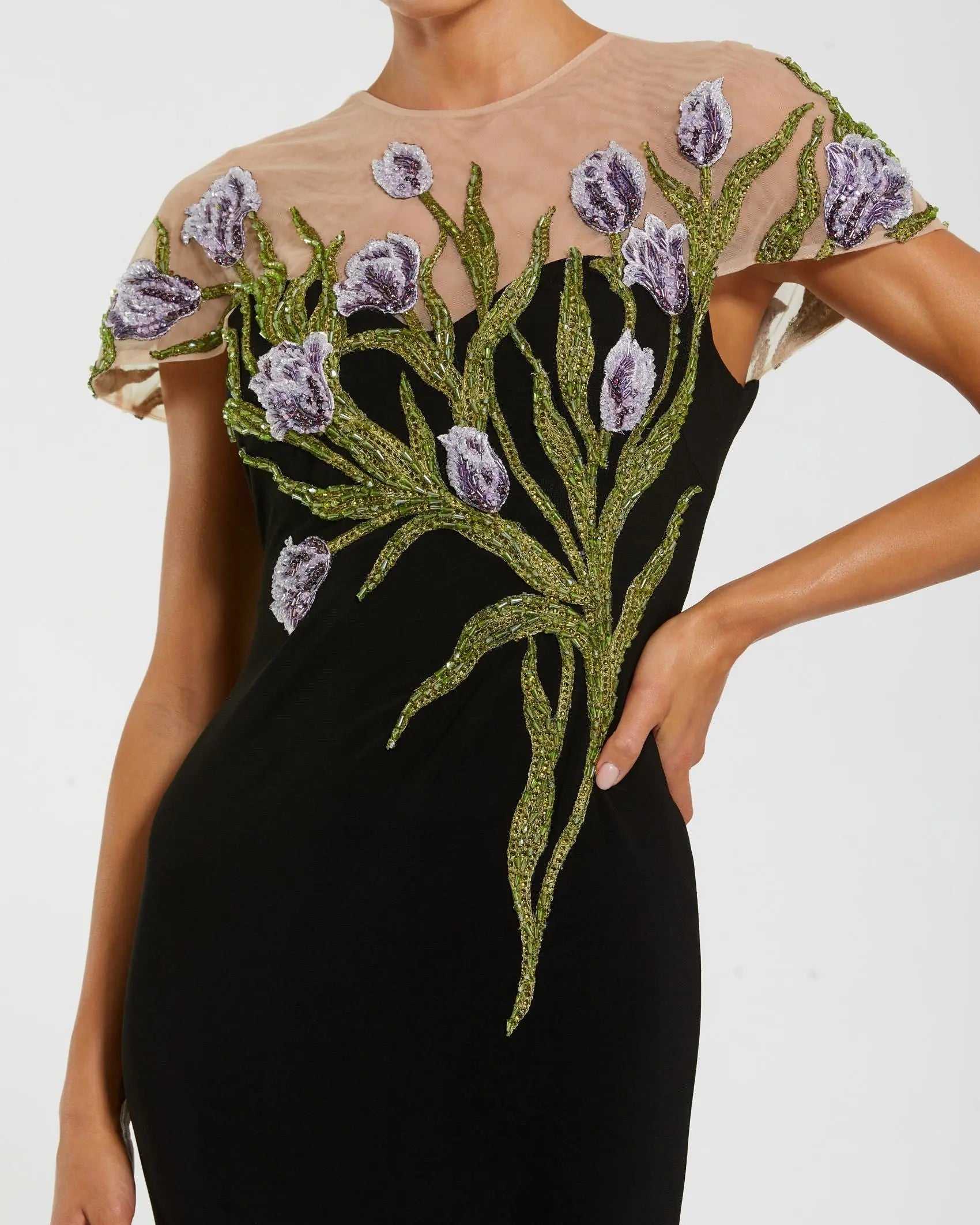 Black High Neck Floral Embroidered Jersey Gown - Image 2