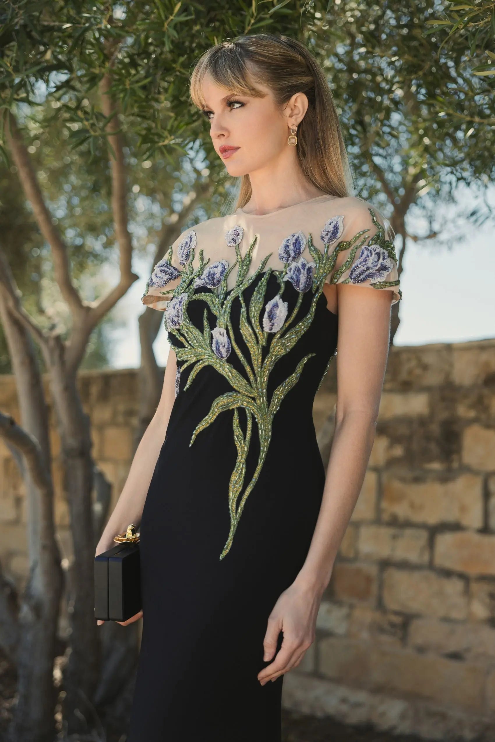 Black High Neck Floral Embroidered Jersey Gown - Image 5