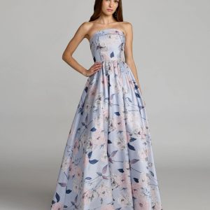 Blue Floral Brocade Strapless Ball Gown
