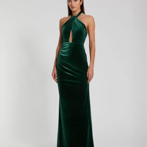 Green Twist Neck Open Front Velvet Draped Gown