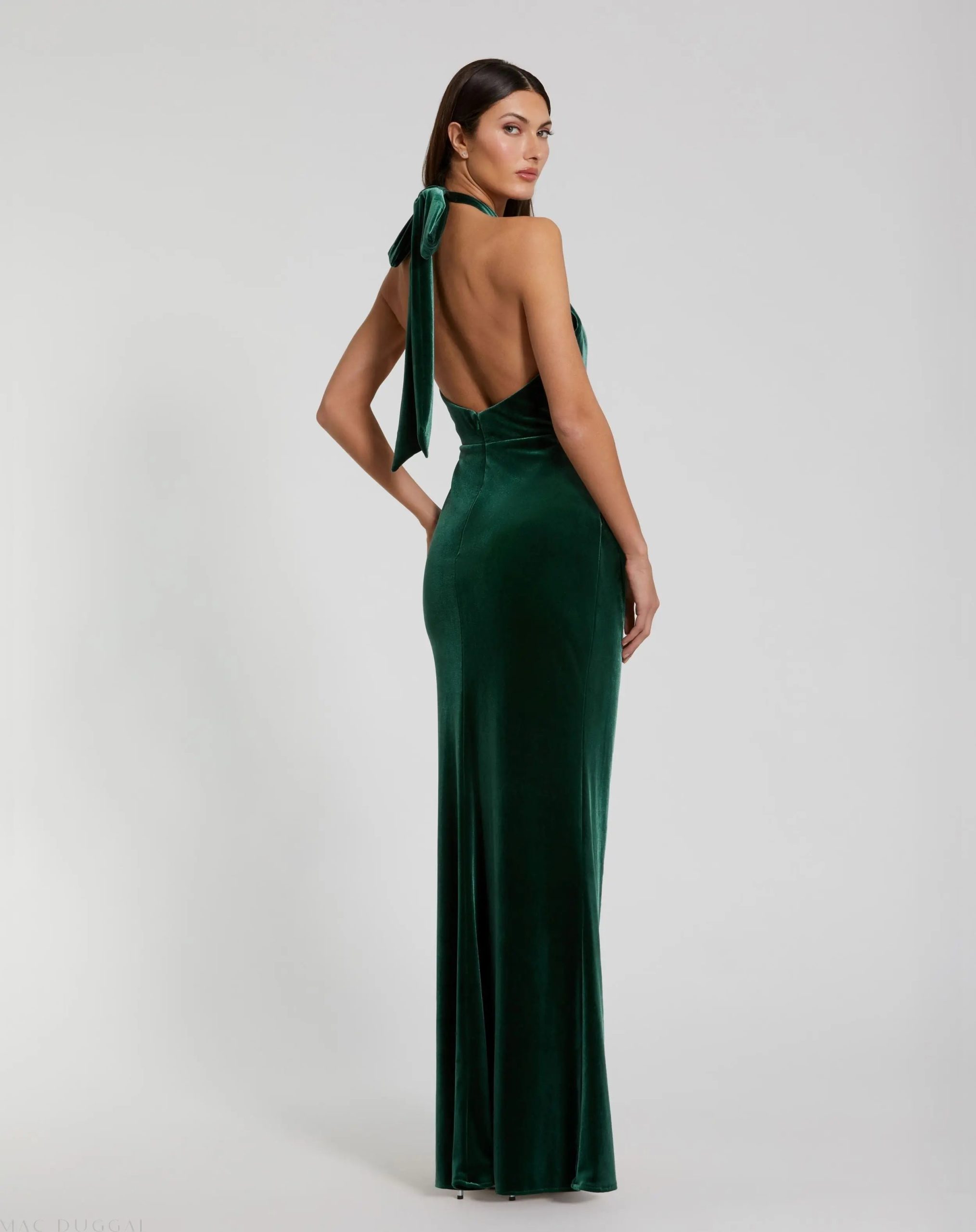 Green Twist Neck Open Front Velvet Draped Gown - Image 3