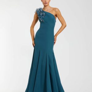 Blue One Shoulder Mermaid Gown with 3D Flowers