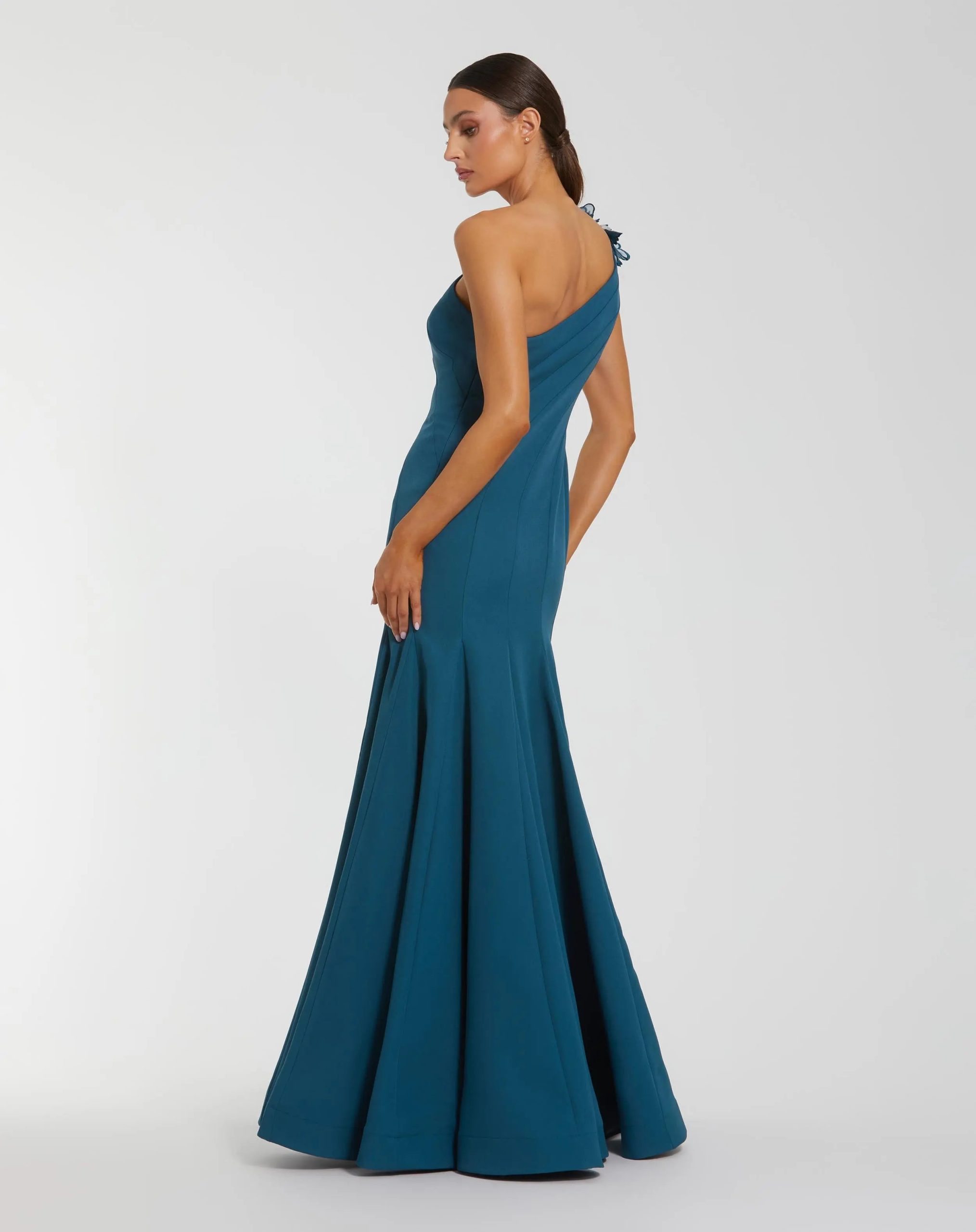 Blue One Shoulder Mermaid Gown with 3D Flowers - Image 3