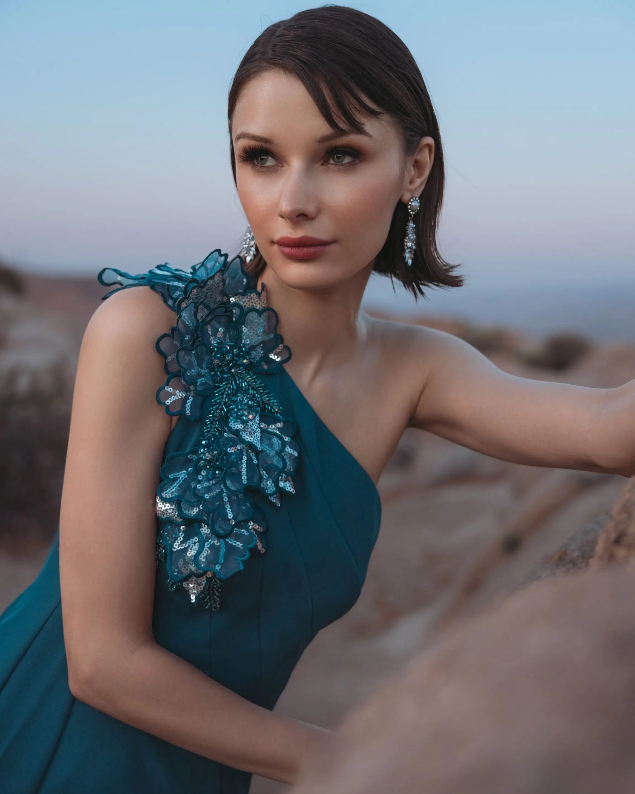 Blue One Shoulder Mermaid Gown with 3D Flowers - Image 5