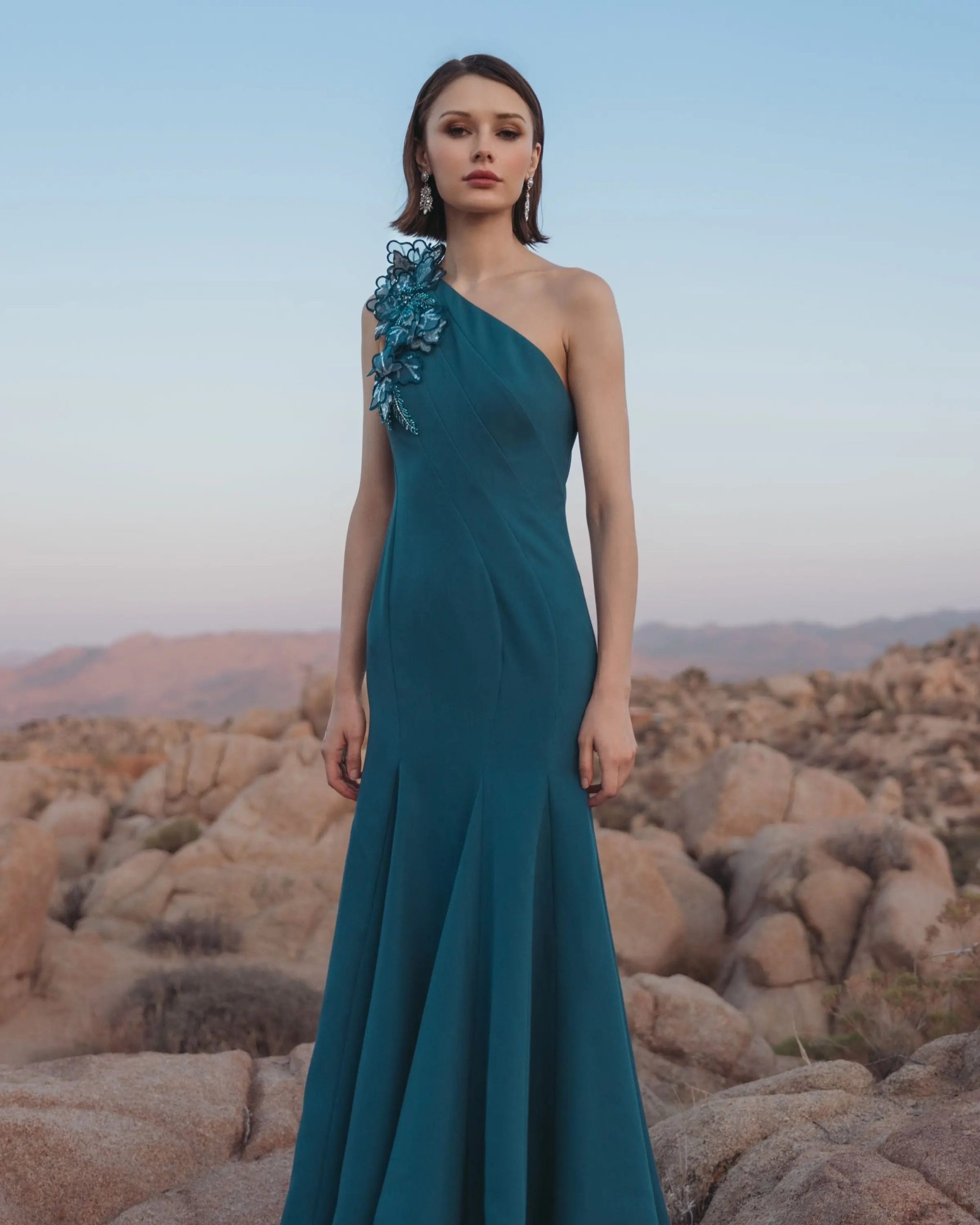 Blue One Shoulder Mermaid Gown with 3D Flowers - Image 6