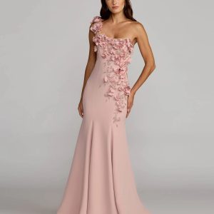 Pink One Shoulder Floral Embellished Mermaid Gown