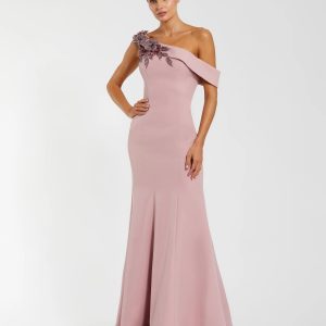 Pink One Shoulder Sleeveless Beaded Mermaid Gown