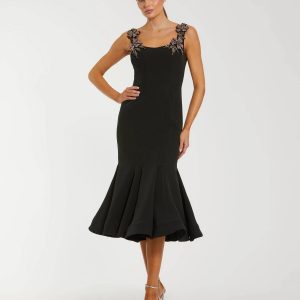 Black Sleeveless Midi Dress With Floral Embellishments