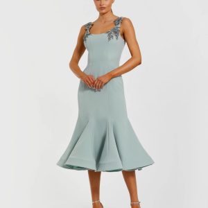 Green Sleeveless Midi Dress With Floral Embellishments