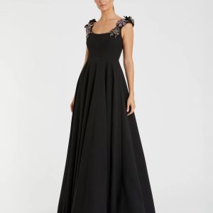 Black Crepe Sleeveless Ballgown With Rhinestone Flowers