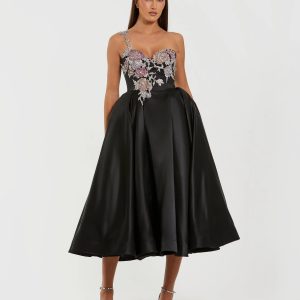 Black One Shoulder Satin Midi Dress With Beaded Flowers