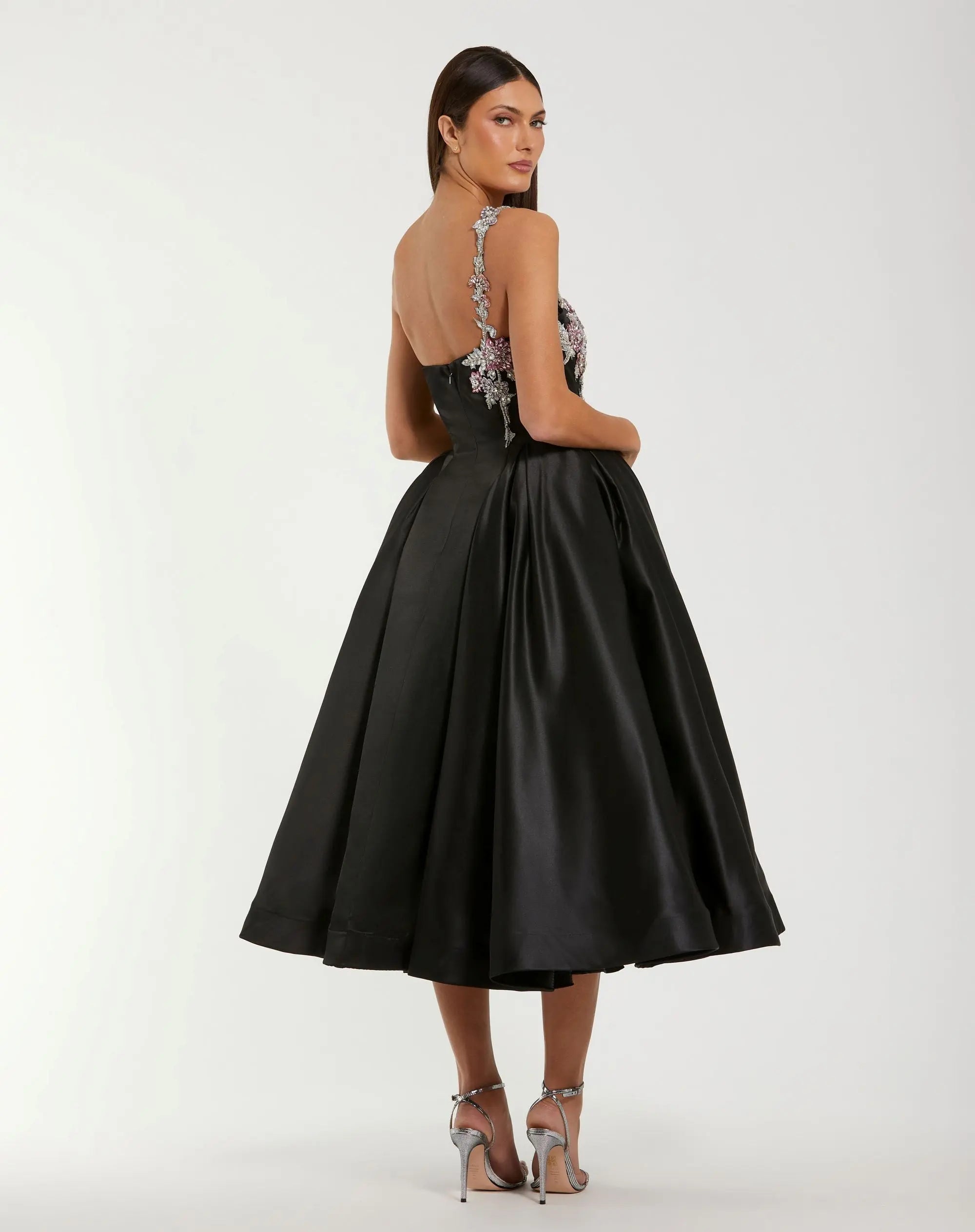Black One Shoulder Satin Midi Dress With Beaded Flowers - Image 3