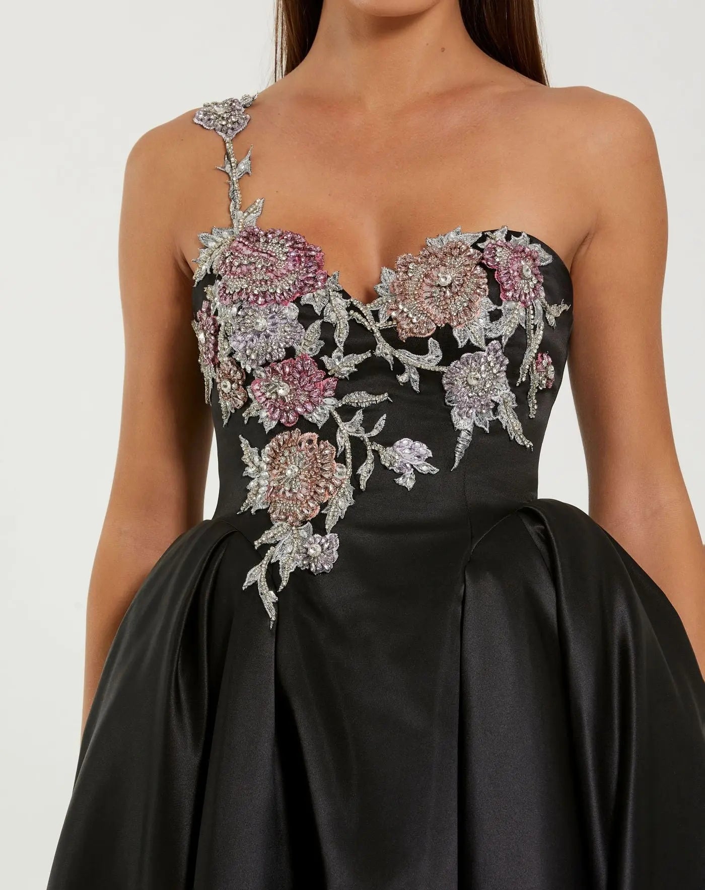 Black One Shoulder Satin Midi Dress With Beaded Flowers - Image 2