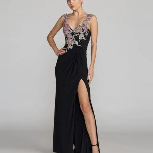 Black Sweetheart Jersey Gown With Beaded Flowers