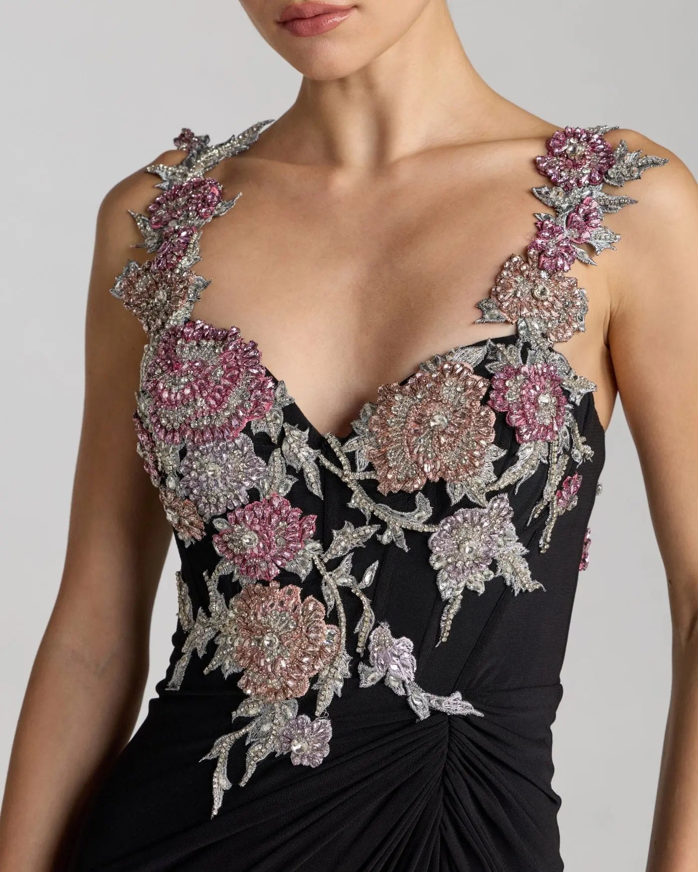 Black Sweetheart Jersey Gown With Beaded Flowers - Image 2