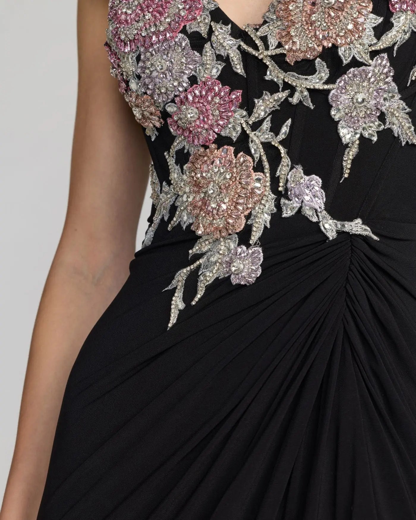 Black Sweetheart Jersey Gown With Beaded Flowers - Image 3