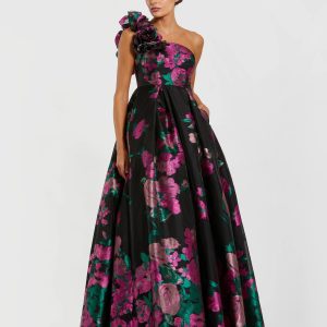 Black One Shoulder Floral Brocade Ball Gown