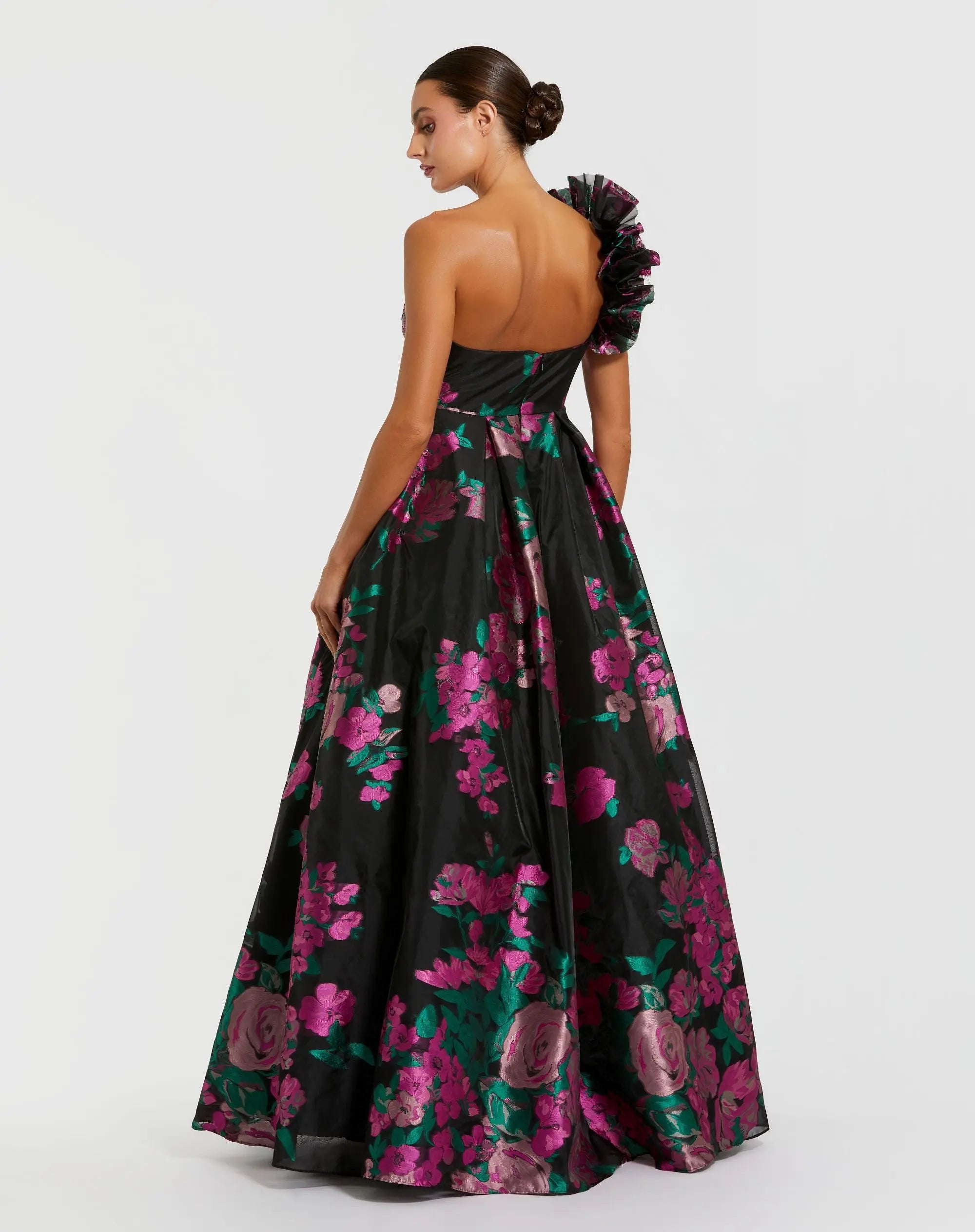 Black One Shoulder Floral Brocade Ball Gown - Image 3