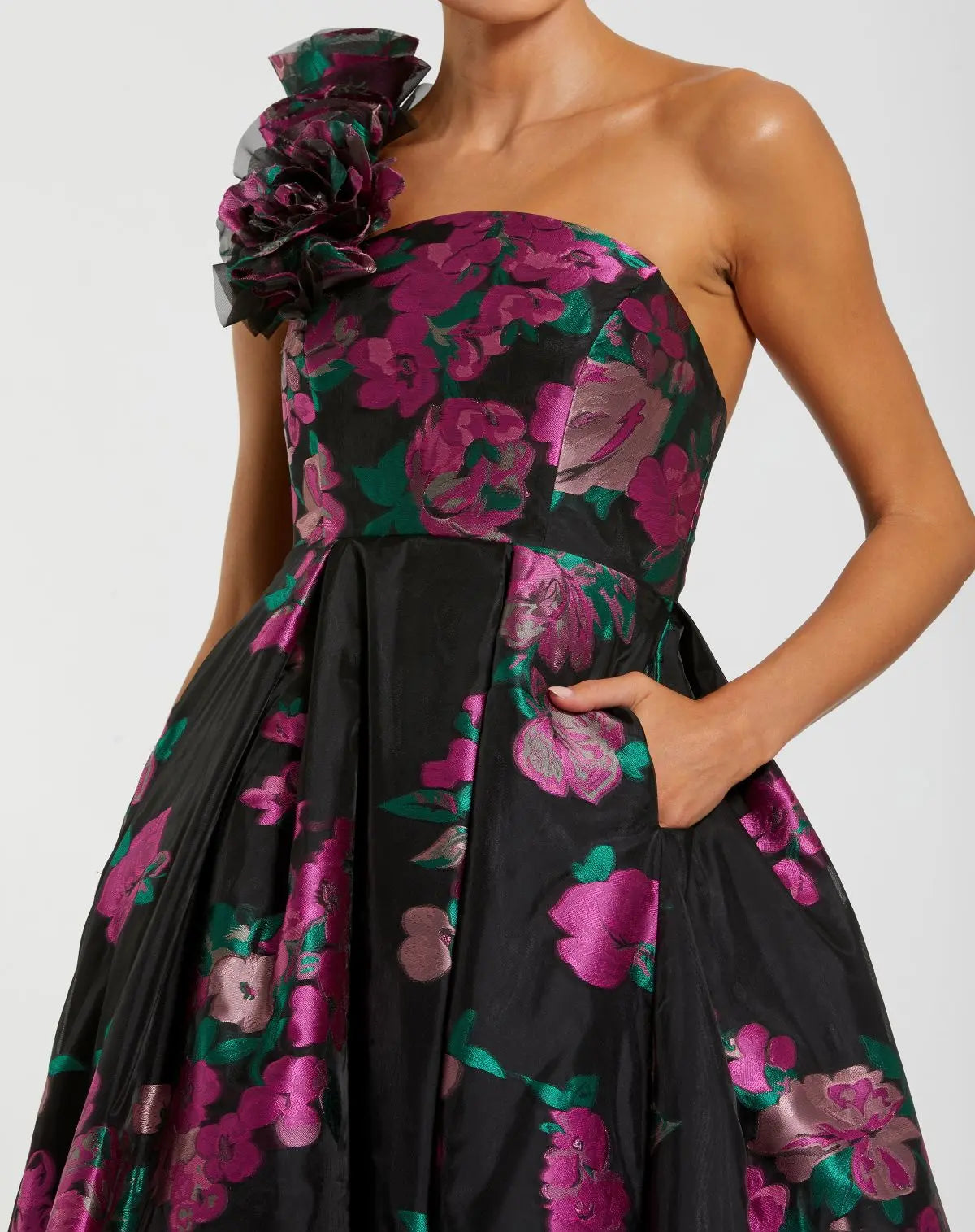 Black One Shoulder Floral Brocade Ball Gown - Image 2