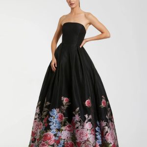 Black Strapless Floral Brocade Ballgown