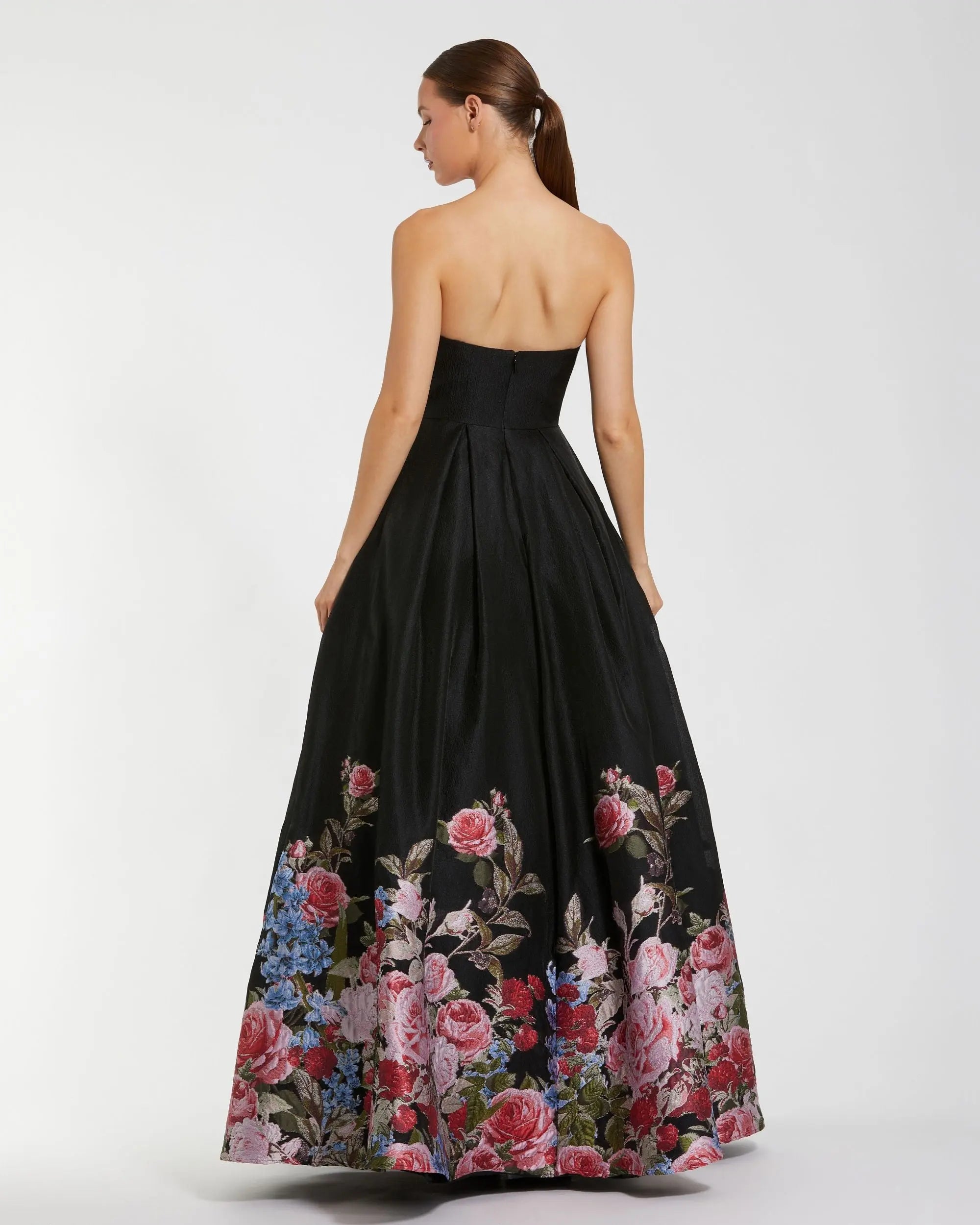 Black Strapless Floral Brocade Ballgown - Image 3