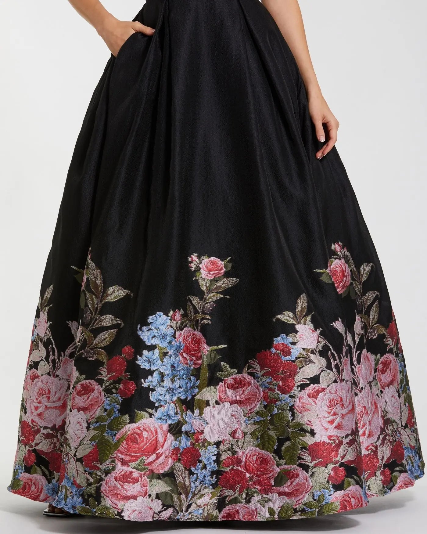 Black Strapless Floral Brocade Ballgown - Image 2