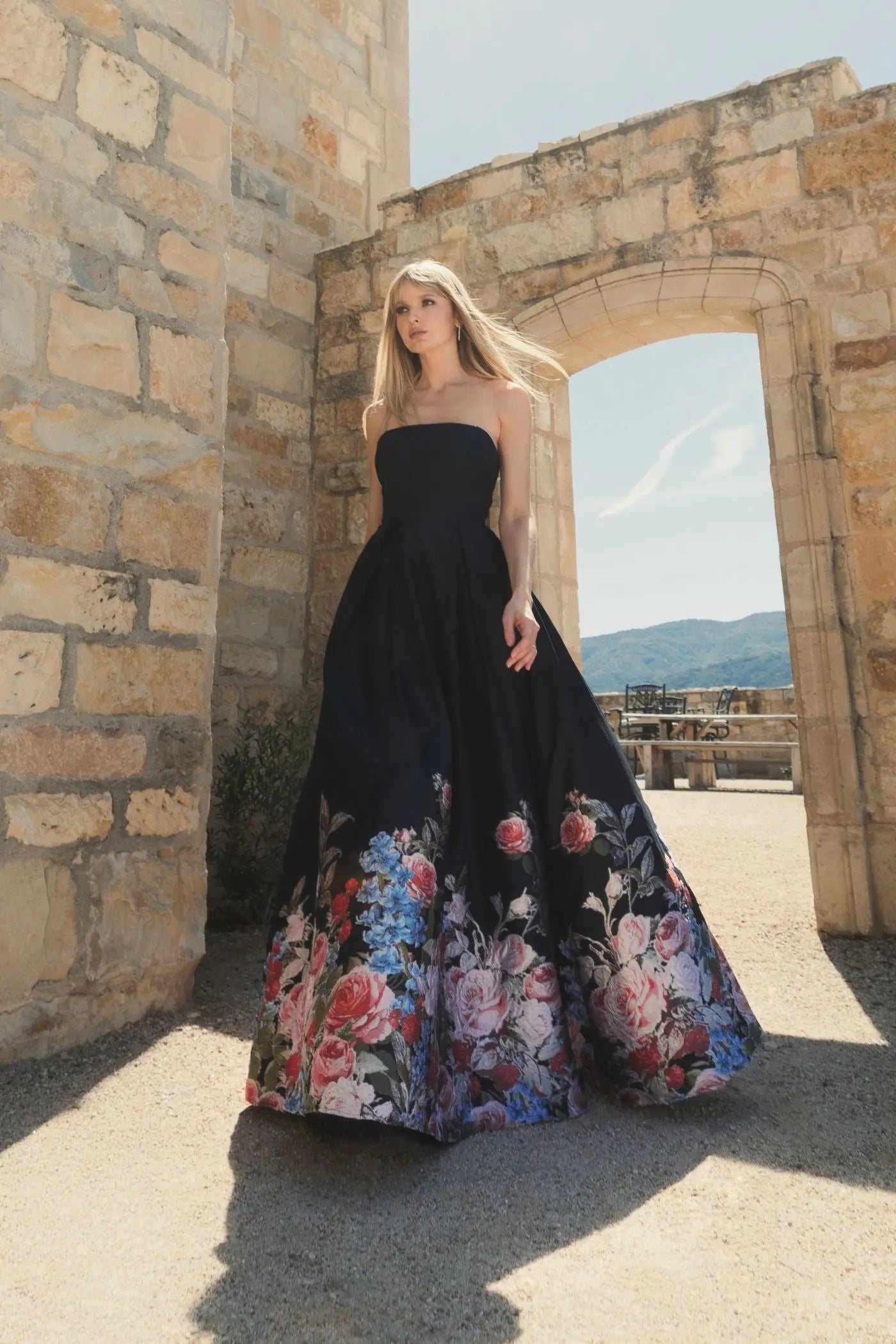 Black Strapless Floral Brocade Ballgown - Image 4
