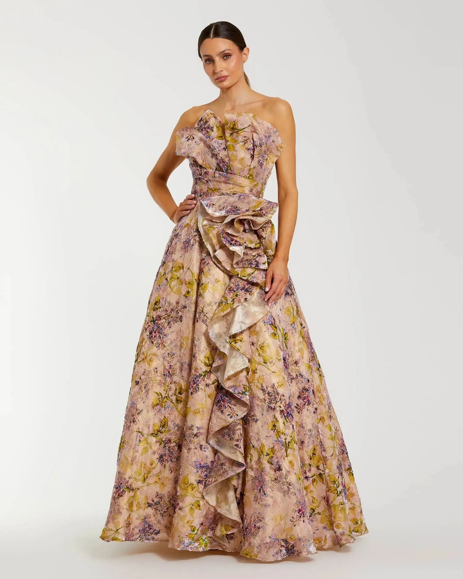 Pink Strapless Floral Ball Gown With Ruffle Detail - Image 4