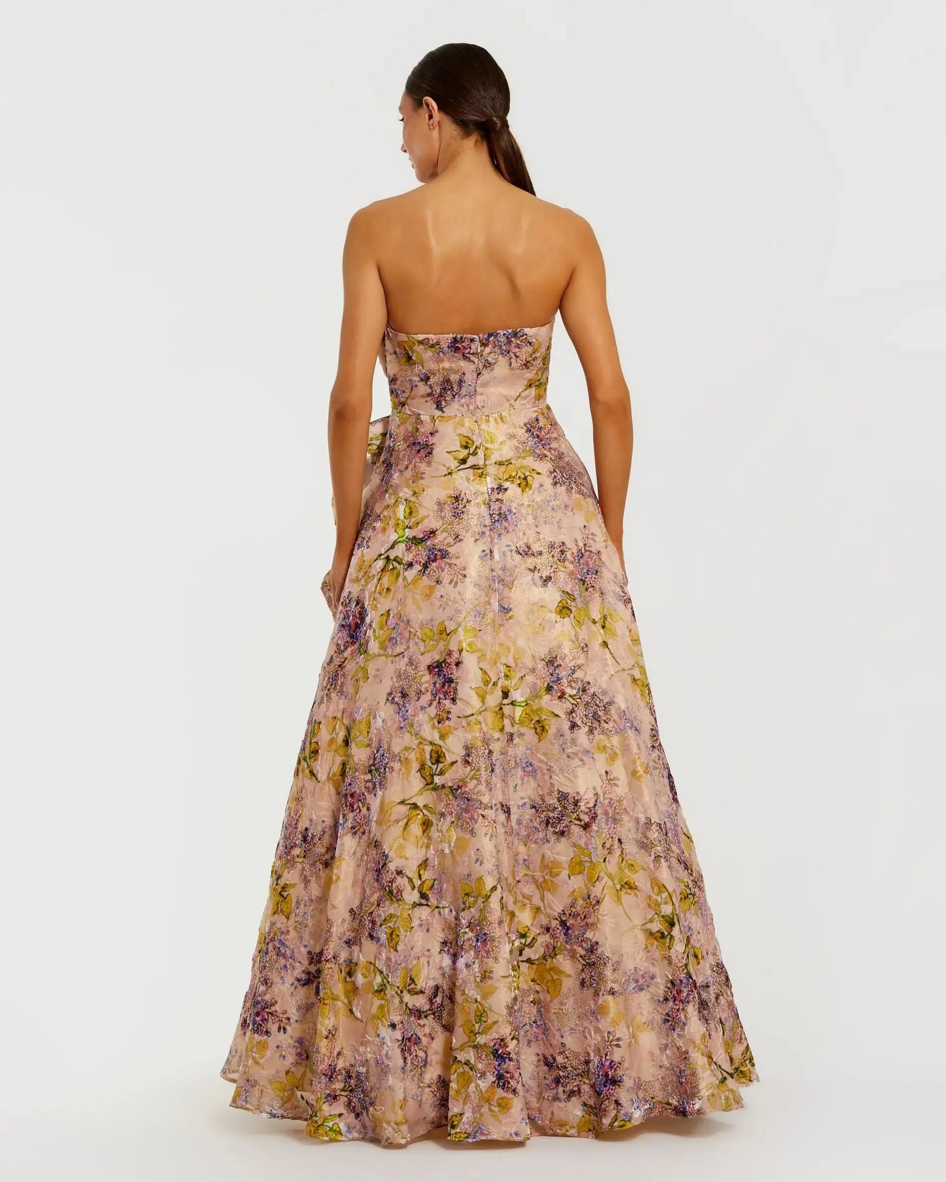 Pink Strapless Floral Ball Gown With Ruffle Detail - Image 6