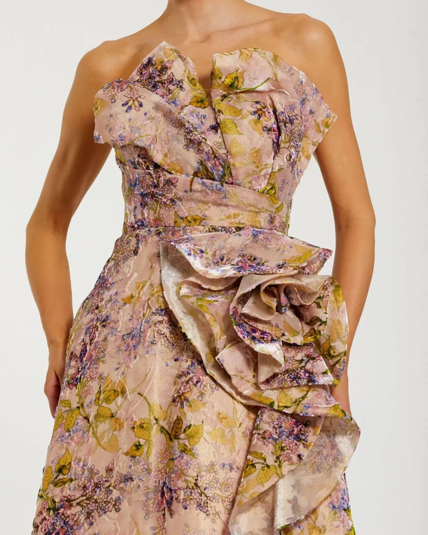 Pink Strapless Floral Ball Gown With Ruffle Detail - Image 5