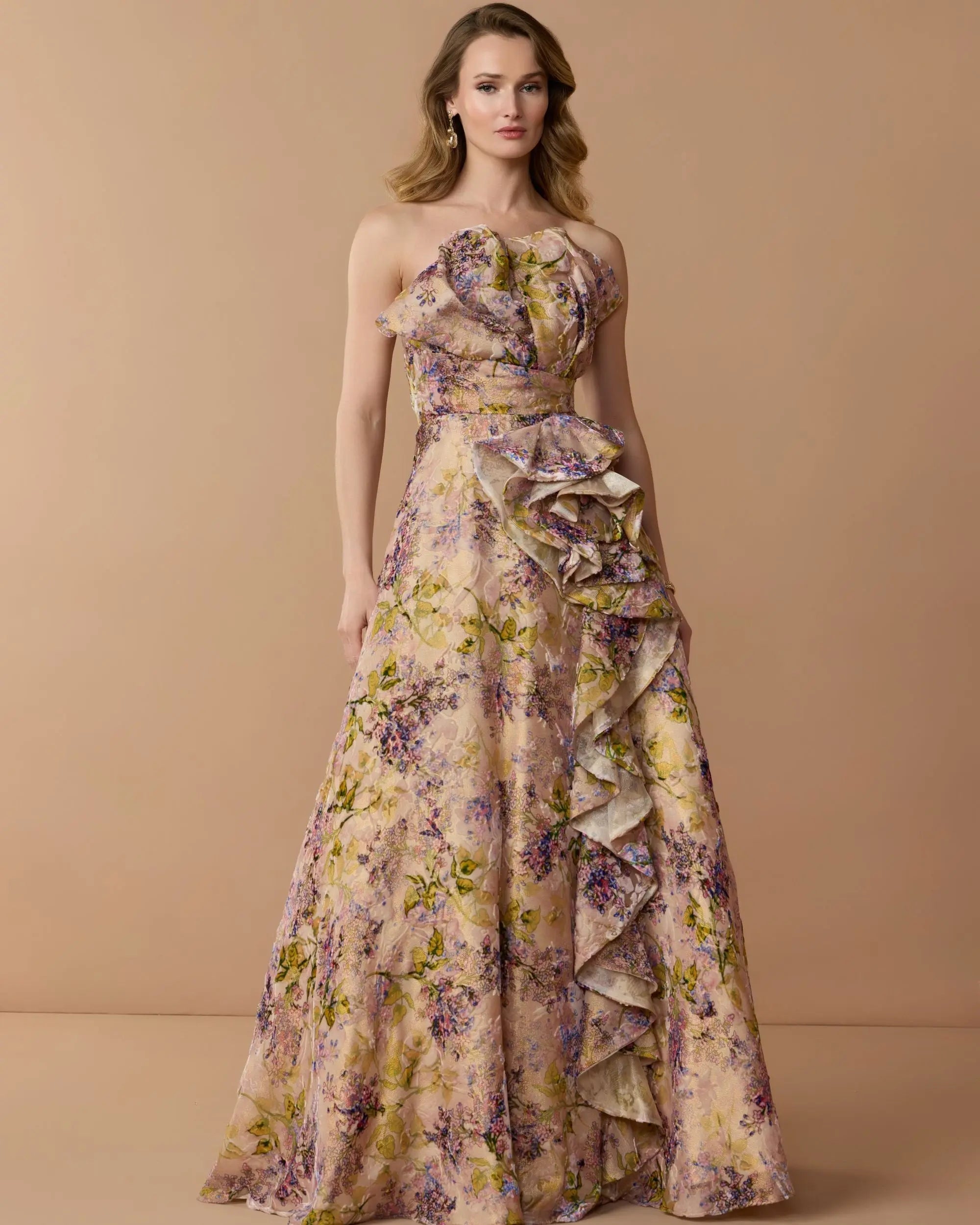 Pink Strapless Floral Ball Gown With Ruffle Detail - Image 3