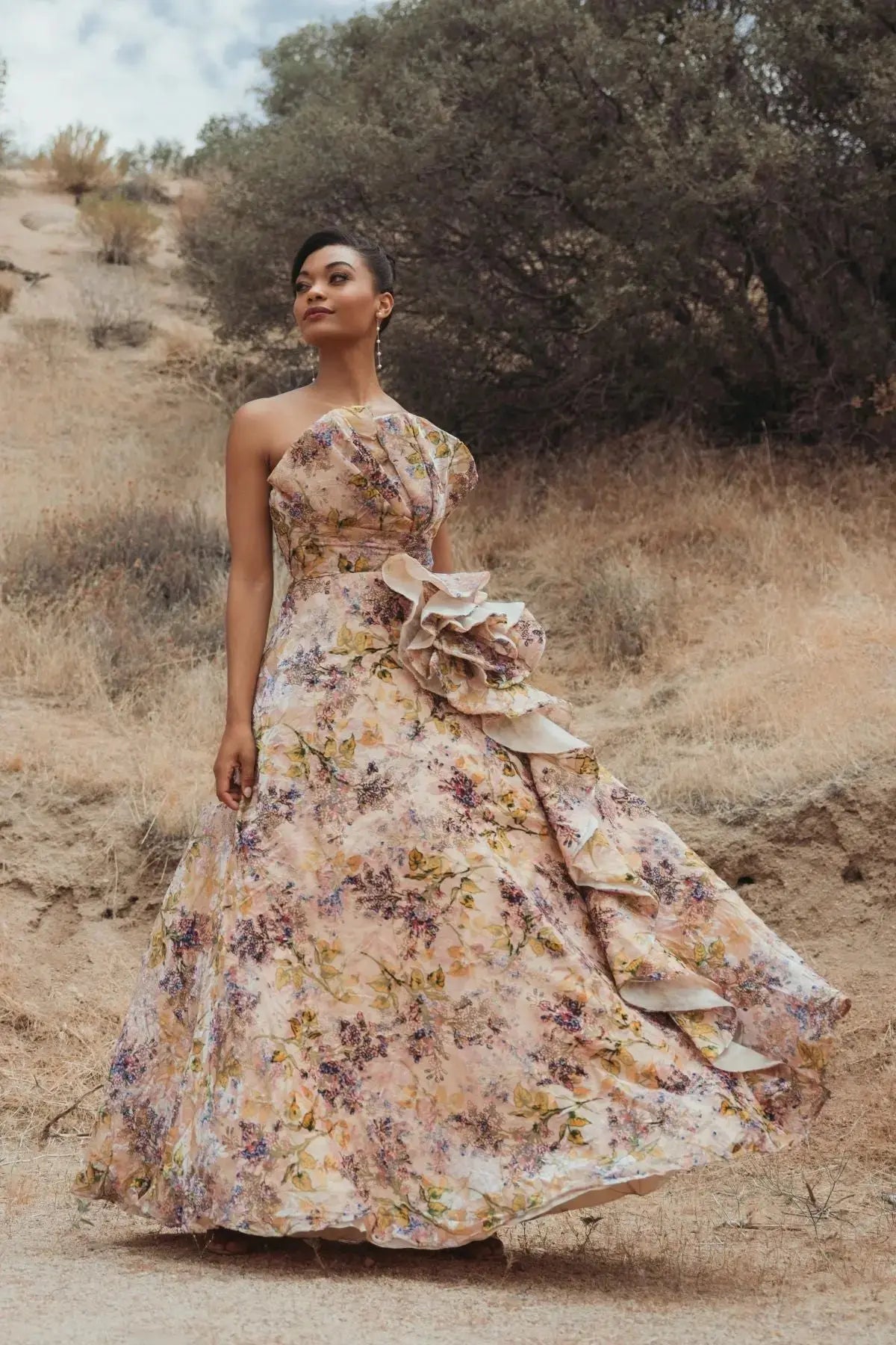 Pink Strapless Floral Ball Gown With Ruffle Detail - Image 9