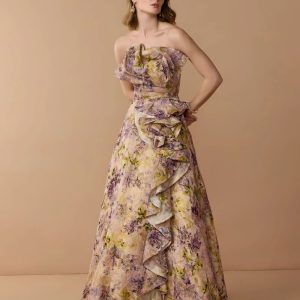 Pink Strapless Floral Ball Gown With Ruffle Detail