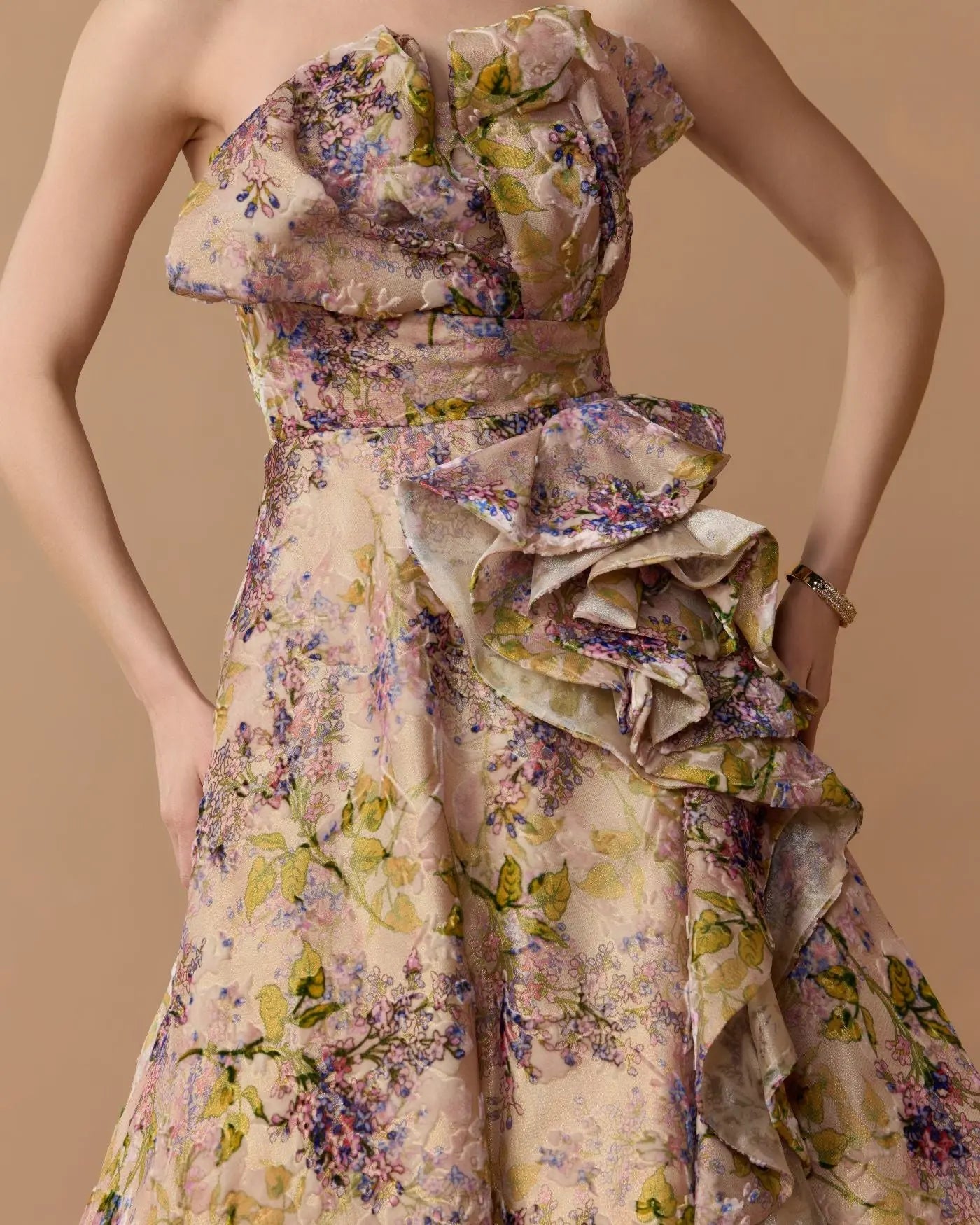 Pink Strapless Floral Ball Gown With Ruffle Detail - Image 2