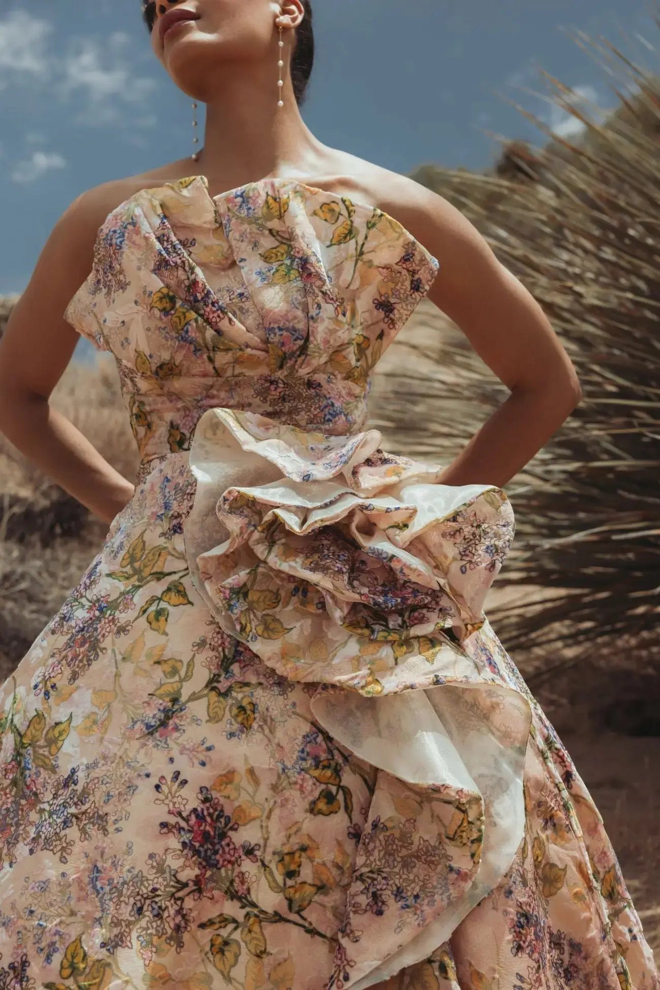 Pink Strapless Floral Ball Gown With Ruffle Detail - Image 8