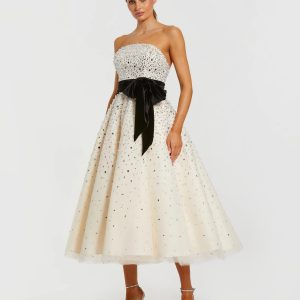 White Embellished Strapless Midi Dress with Velvet Bow