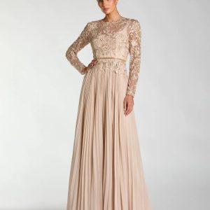 Beige Long Sleeve Chiffon Embellished Gown