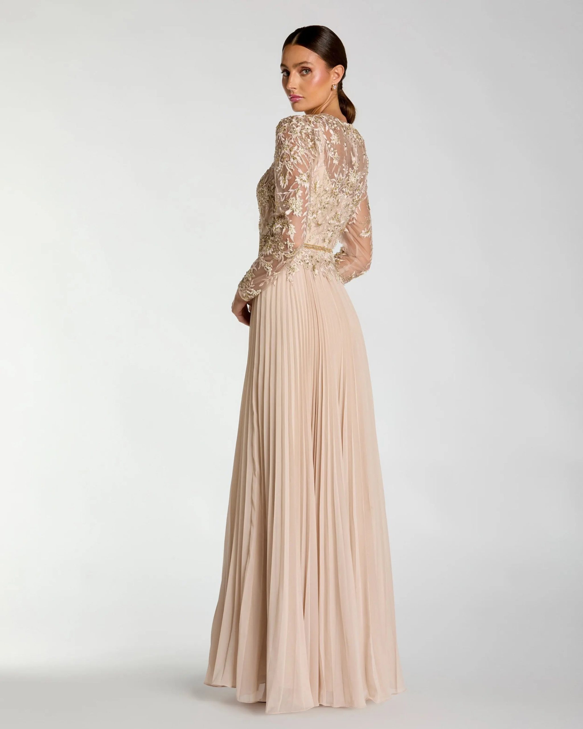 Beige Long Sleeve Chiffon Embellished Gown - Image 3