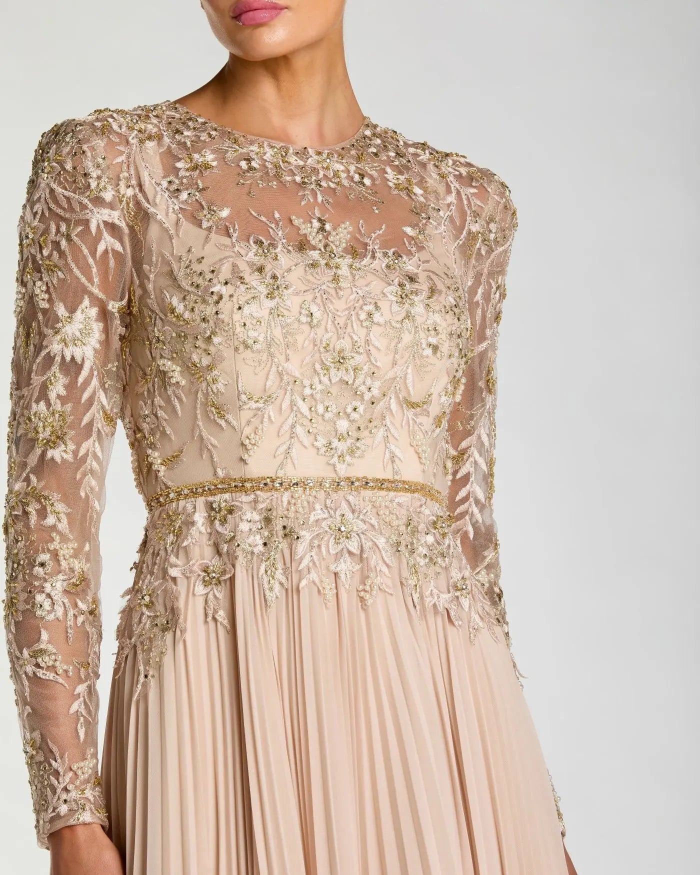 Beige Long Sleeve Chiffon Embellished Gown - Image 2