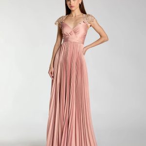 Pink Pleated Charmeuse Embellished Cap Sleeve Gown