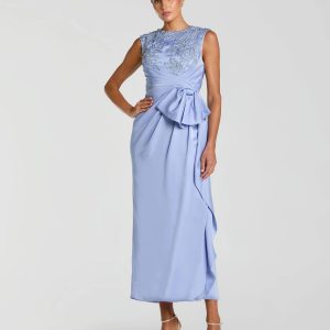 Blue Satin Beaded Embroidered Midi Dress With Bow
